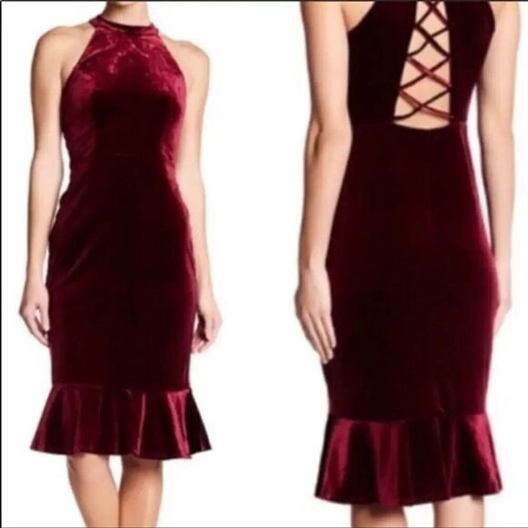 Superfoxx Dresses & Skirts - Superfoxx Dress Medium Burgundy Velvet Halter Ruffle Midi Party Evening Lace Up